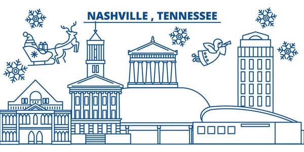 EE.UU., Tennessee, Nashville horizonte de la ciudad de invierno. Feliz Navidad y Feliz Año Nuevo decorado banner. Tarjeta de felicitación de invierno con nieve y Santa Claus. Plano, vector de línea. Ilustración lineal de Navidad — Vector de stock
