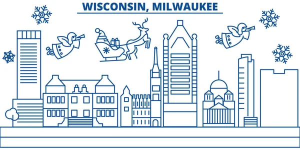 Estados Unidos, Wisconsin, ciudad de Milwaukee horizonte de invierno de la ciudad. Feliz Navidad y Feliz Año Nuevo decorado banner. Tarjeta de felicitación de invierno con nieve y Santa Claus.Flat, vector de línea. Ilustración lineal de Navidad — Vector de stock