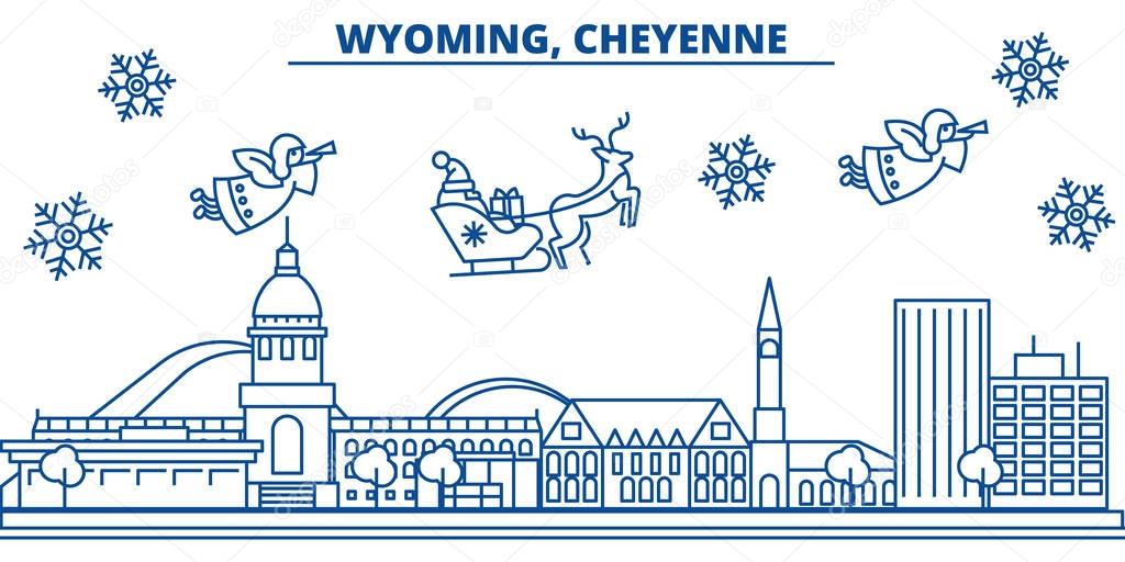 USA, Wyoming , Cheyenne winter city skyline. Merry Christmas and Happy New Year decorated banner. Winter greeting card with snow and Santa Claus. Flat, line vector. Linear christmas illustration