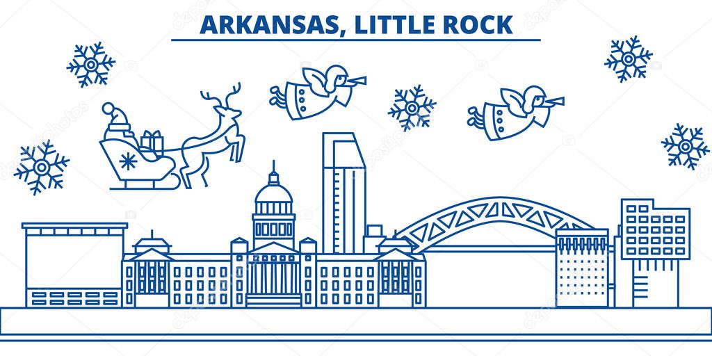 USA, Arkansas, Little Rock winter city skyline. Merry Christmas and Happy New Year decorated banner. Winter greeting card with snow and Santa Claus. Flat, line vector. Linear christmas illustration