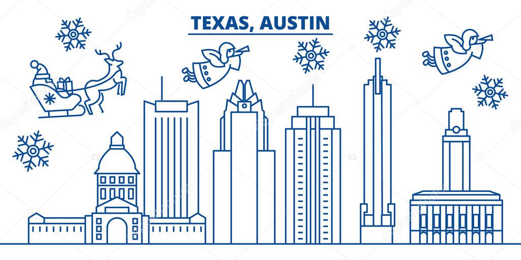 USA, California, Austin winter city skyline. Merry Christmas and Happy New Year decorated banner. Winter greeting card with snow and Santa Claus. Flat, line vector. Linear christmas illustration