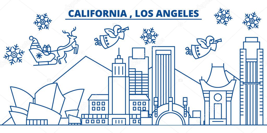 USA, California, Los Angeles winter city skyline. Merry Christmas and Happy New Year decorated banner. Winter greeting card with snow and Santa Claus. Flat, line vector. Linear christmas illustration