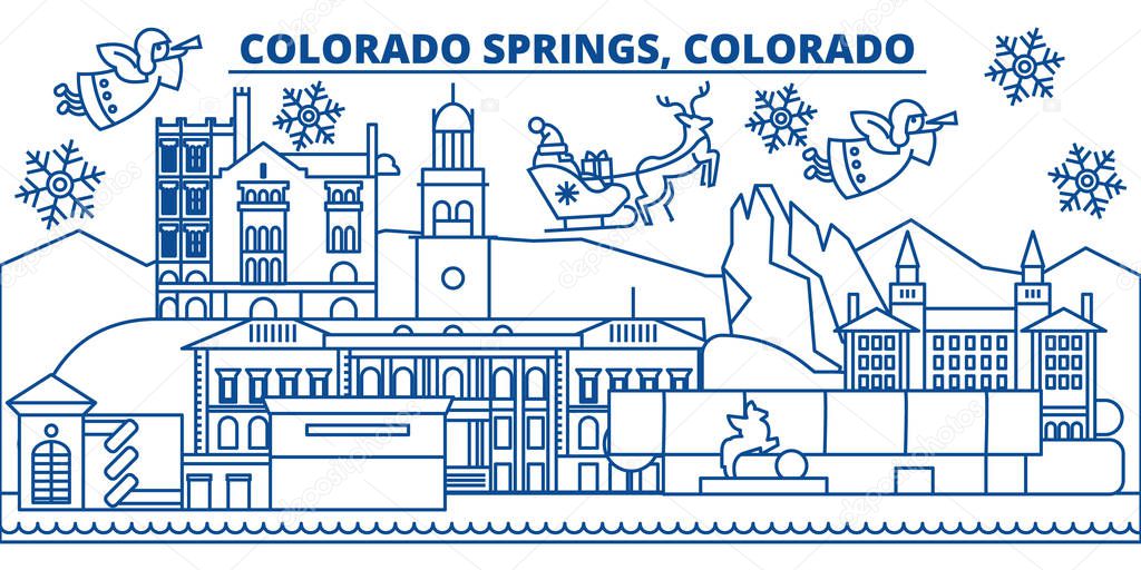USA, Colorado, Colorado Springs winter city skyline. Merry Christmas and Happy New Year decorated banner.Winter greeting card with snow and Santa Claus.Flat, line vector. Linear christmas illustration