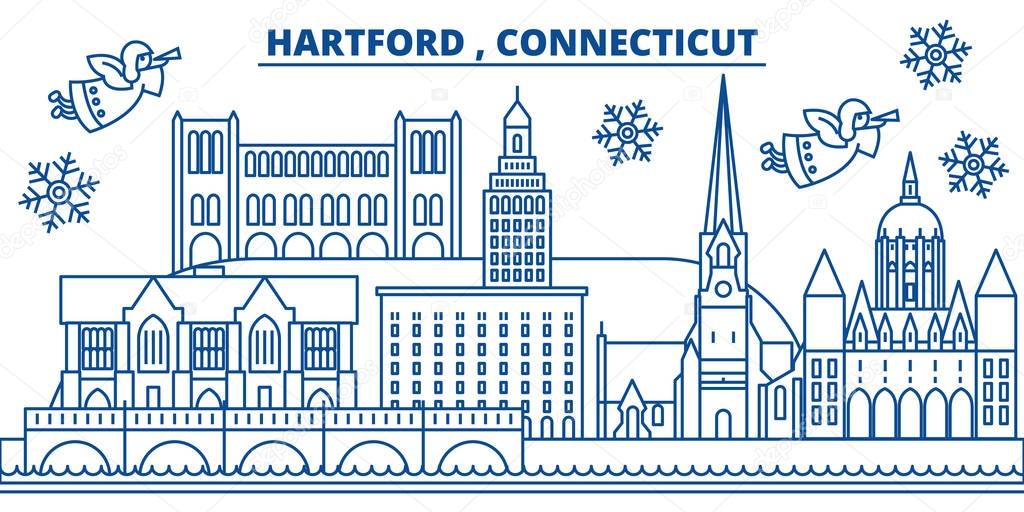 USA, Connecticut, Hartford winter city skyline. Merry Christmas and Happy New Year decorated banner. Winter greeting card with snow and Santa Claus. Flat, line vector. Linear christmas illustration