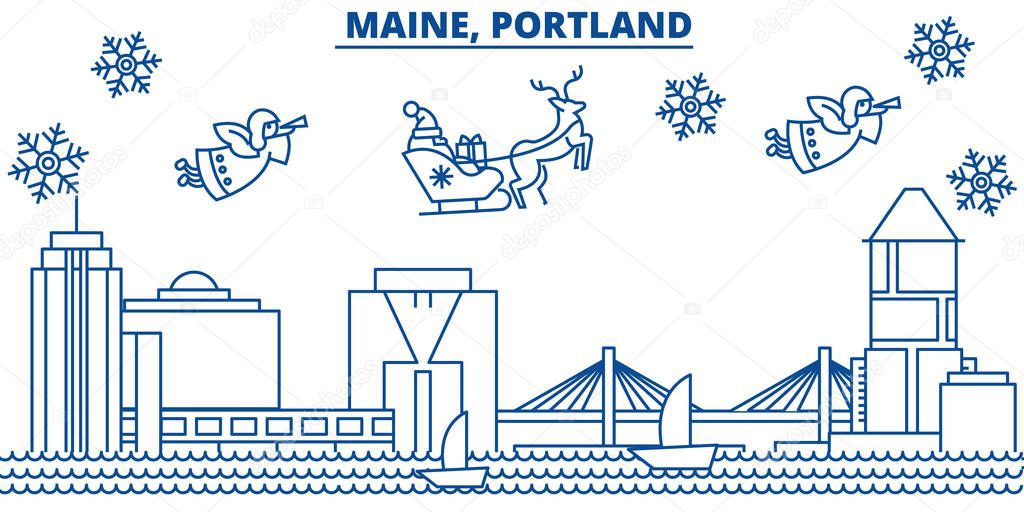 USA, Maine , Portland winter city skyline. Merry Christmas and Happy New Year decorated banner. Winter greeting card with snow and Santa Claus. Flat, line vector. Linear christmas illustration