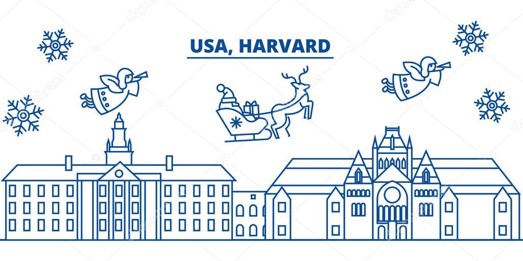 USA, Massachusetts, Harvard winter city skyline. Merry Christmas and Happy New Year decorated banner. Winter greeting card with snow and Santa Claus. Flat, line vector. Linear christmas illustration