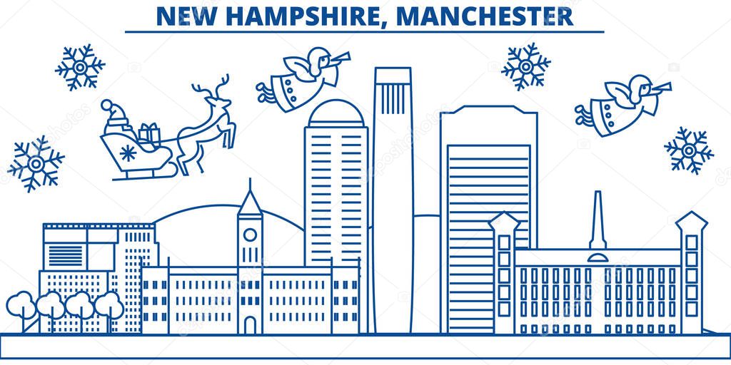 USA, New Hampshire , Manchester winter city skyline. Merry Christmas and Happy New Year decorated banner.Winter greeting card with snow and Santa Claus.Flat, line vector. Linear christmas illustration
