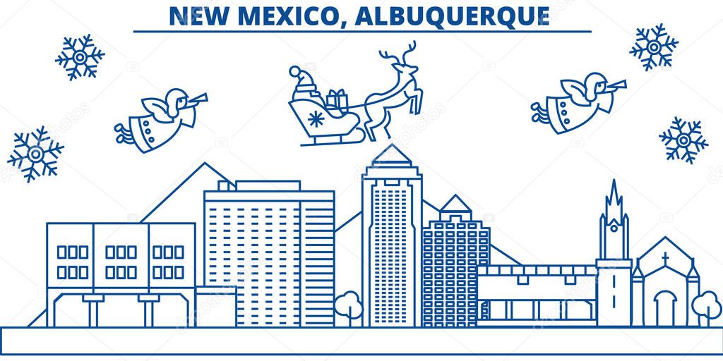USA, New Mexico , Albuquerque winter city skyline. Merry Christmas and Happy New Year decorated banner.Winter greeting card with snow and Santa Claus. Flat, line vector. Linear christmas illustration