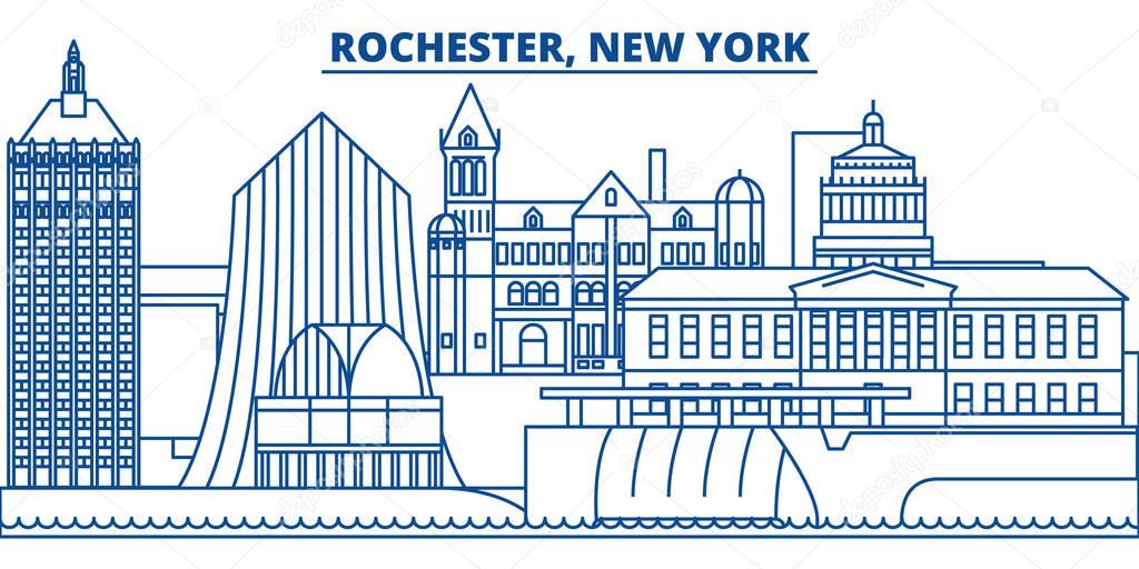 USA, New York, Rochester winter city skyline. Merry Christmas and Happy New Year decorated banner. Winter greeting card with snow and Santa Claus. Flat, line vector. Linear christmas illustration