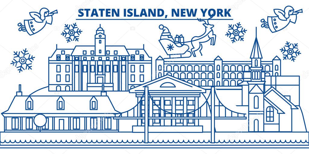 USA, New York, Staten Island winter city skyline. Merry Christmas and Happy New Year decorated banner. Winter greeting card with snow and Santa Claus. Flat, line vector. Linear christmas illustration