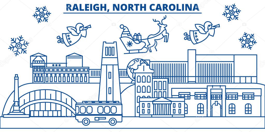 USA, North Carolina, Raleigh winter city skyline. Merry Christmas and Happy New Year decorated banner. Winter greeting card with snow and Santa Claus. Flat, line vector. Linear christmas illustration