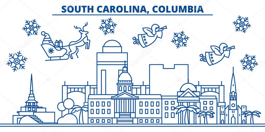 USA, South Carolina , Columbia winter city skyline. Merry Christmas and Happy New Year decorated banner.Winter greeting card with snow and Santa Claus.Flat, line vector. Linear christmas illustration