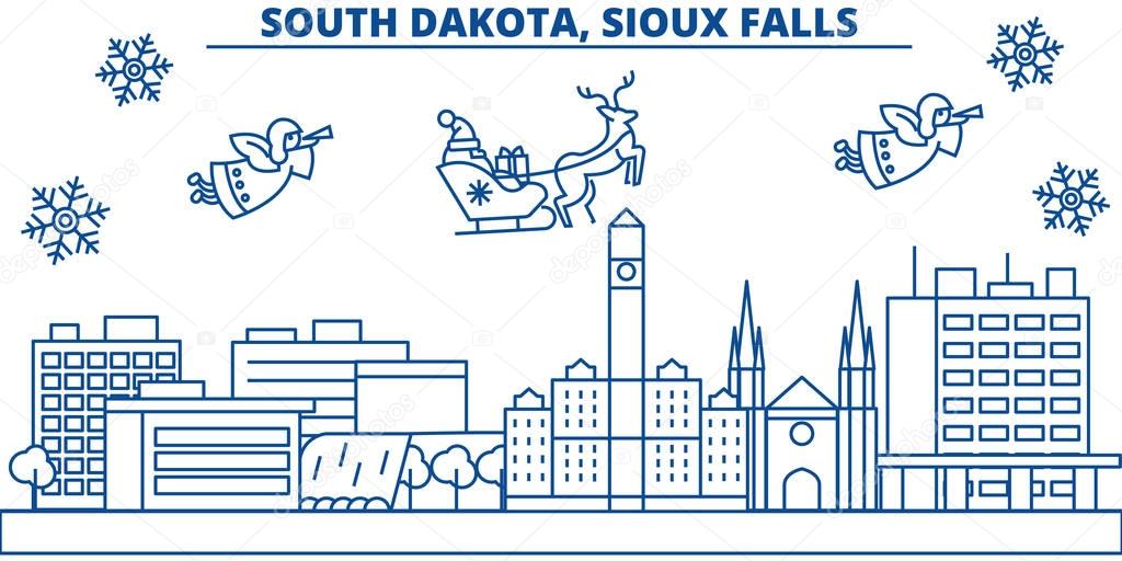 USA, South Dakota , Sioux Falls winter city skyline. Merry Christmas and Happy New Year decorated banner.Winter greeting card with snow and Santa Claus.Flat, line vector. Linear christmas illustration