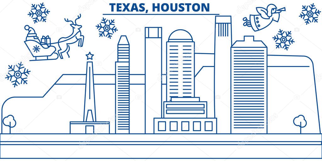 USA, Texas , Houston winter city skyline. Merry Christmas and Happy New Year decorated banner. Winter greeting card with snow and Santa Claus. Flat, line vector. Linear christmas illustration