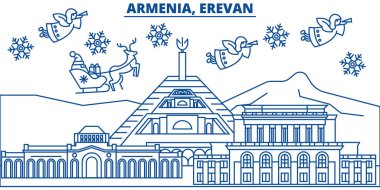 Ermenistan, Erevan kış şehir manzarası. Mutlu Noeller, mutlu yeni yıl afiş Santa Claus.Winter tebrik satırı kartı ile dekore edilmiştir. Düz, anahat vektör. Doğrusal Noel kar illüstrasyon