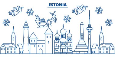 Estonya kış şehir manzarası. Mutlu Noeller, mutlu yeni yıl afiş Santa Claus.Winter tebrik satırı kartı ile dekore edilmiştir. Düz, anahat vektör. Doğrusal Noel kar illüstrasyon