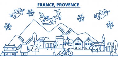 Fransa, Provence kış şehir manzarası. Mutlu Noeller, mutlu yeni yıl afiş Santa Claus.Winter tebrik satırı kartı ile dekore edilmiştir. Düz, anahat vektör. Doğrusal Noel kar illüstrasyon