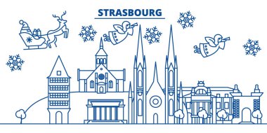 Fransa Strasbourg kış şehir manzarası. Mutlu Noeller, mutlu yeni yıl afiş Santa Claus.Winter tebrik satırı kartı ile dekore edilmiştir. Düz, anahat vektör. Doğrusal Noel kar illüstrasyon