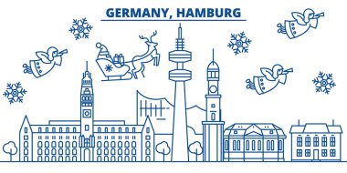 Almanya Hamburg kış şehir manzarası. Mutlu Noeller, mutlu yeni yıl afiş Santa Claus.Winter tebrik satırı kartı ile dekore edilmiştir. Düz, anahat vektör. Doğrusal Noel kar illüstrasyon