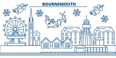 İngiltere Bournemouth kış şehir manzarası. Mutlu Noeller, mutlu yeni yıl afiş Santa Claus.Winter tebrik satırı kartı ile dekore edilmiştir. Düz, anahat vektör. Doğrusal Noel kar illüstrasyon