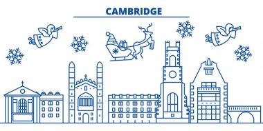 İngiltere Cambridge kış şehir manzarası. Mutlu Noeller, mutlu yeni yıl afiş Santa Claus.Winter tebrik satırı kartı ile dekore edilmiştir. Düz, anahat vektör. Doğrusal Noel kar illüstrasyon