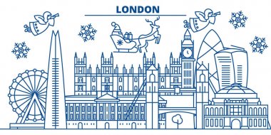 İngiltere, Londra kış şehir manzarası. Mutlu Noeller, mutlu yeni yıl afiş Santa Claus.Winter tebrik satırı kartı ile dekore edilmiştir. Düz, anahat vektör. Doğrusal Noel kar illüstrasyon