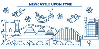 Great Britain, Newcastle upon Tyne winter city skyline. Merry Christmas, Happy New Year decorated banner with Santa Claus.Winter greeting line card.Outline vector.Linear christmas snow illustration clipart