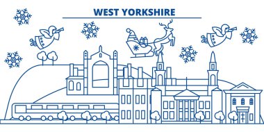 Büyük Britanya, West Yorkshire kış şehir manzarası. Mutlu Noeller, mutlu yeni yıl afiş Santa Claus.Winter tebrik satırı kartı ile dekore edilmiştir. Düz, anahat vektör. Doğrusal Noel kar illüstrasyon