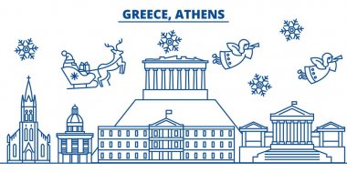 Yunanistan, Atina kış şehir manzarası. Mutlu Noeller, mutlu yeni yıl afiş Santa Claus.Winter tebrik satırı kartı ile dekore edilmiştir. Düz, anahat vektör. Doğrusal Noel kar illüstrasyon