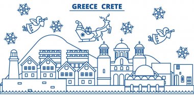 Yunanistan Crete kış şehir manzarası. Mutlu Noeller, mutlu yeni yıl afiş Santa Claus.Winter tebrik satırı kartı ile dekore edilmiştir. Düz, anahat vektör. Doğrusal Noel kar illüstrasyon