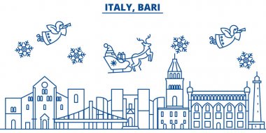 İtalya, Bari kış şehir manzarası. Mutlu Noeller, mutlu yeni yıl afiş Santa Claus.Winter tebrik satırı kartı ile dekore edilmiştir. Düz, anahat vektör. Doğrusal Noel kar illüstrasyon