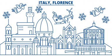 İtalya, Floransa kış şehir manzarası. Mutlu Noeller, mutlu yeni yıl afiş Santa Claus.Winter tebrik satırı kartı ile dekore edilmiştir. Düz, anahat vektör. Doğrusal Noel kar illüstrasyon