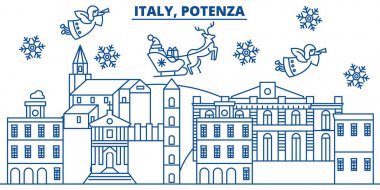 İtalya, Potenza kış şehir manzarası. Mutlu Noeller, mutlu yeni yıl afiş Santa Claus.Winter tebrik satırı kartı ile dekore edilmiştir. Düz, anahat vektör. Doğrusal Noel kar illüstrasyon