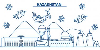 Kazakistan kış şehir manzarası. Mutlu Noeller, mutlu yeni yıl afiş Santa Claus.Winter tebrik satırı kartı ile dekore edilmiştir. Düz, anahat vektör. Doğrusal Noel kar illüstrasyon