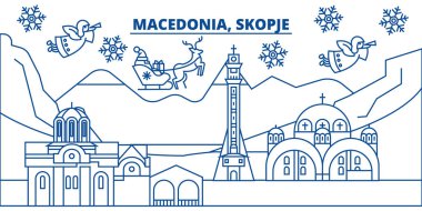 Makedonya, Skopje kış şehir manzarası. Mutlu Noeller, mutlu yeni yıl afiş Santa Claus.Winter tebrik satırı kartı ile dekore edilmiştir. Düz, anahat vektör. Doğrusal Noel kar illüstrasyon