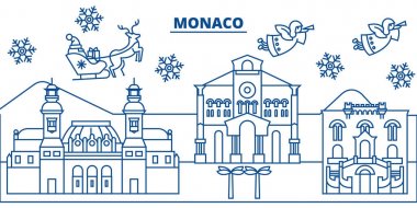 Monaco kış şehir manzarası. Mutlu Noeller, mutlu yeni yıl afiş Santa Claus.Winter tebrik satırı kartı ile dekore edilmiştir. Düz, anahat vektör. Doğrusal Noel kar illüstrasyon