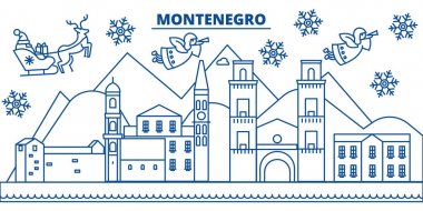 Karadağ kış şehir manzarası. Mutlu Noeller, mutlu yeni yıl afiş Santa Claus.Winter tebrik satırı kartı ile dekore edilmiştir. Düz, anahat vektör. Doğrusal Noel kar illüstrasyon