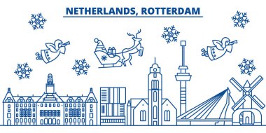 Hollanda, Rotterdam kış şehir manzarası. Mutlu Noeller, mutlu yeni yıl afiş Santa Claus.Winter tebrik satırı kartı ile dekore edilmiştir. Düz, anahat vektör. Doğrusal Noel kar illüstrasyon