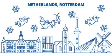 Netherlands, Rotterdam winter city skyline. Merry Christmas, Happy New Year decorated banner with Santa Claus.Winter greeting line card.Flat, outline vector.Linear christmas snow illustration clipart
