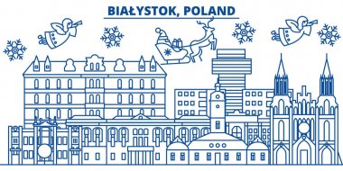 Polonya, Bialystok kış şehir manzarası. Mutlu Noeller, mutlu yeni yıl afiş Santa Claus.Winter tebrik satırı kartı ile dekore edilmiştir. Düz, anahat vektör. Doğrusal Noel kar illüstrasyon