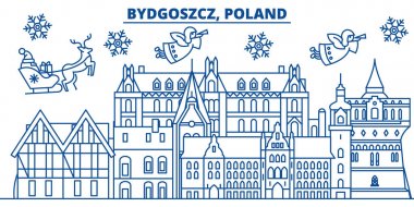 Polonya, Bydgoszcz kış şehir manzarası. Mutlu Noeller, mutlu yeni yıl afiş Santa Claus.Winter tebrik satırı kartı ile dekore edilmiştir. Düz, anahat vektör. Doğrusal Noel kar illüstrasyon