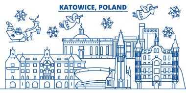 Polonya, Katowice kış şehir manzarası. Mutlu Noeller, mutlu yeni yıl afiş Santa Claus.Winter tebrik satırı kartı ile dekore edilmiştir. Düz, anahat vektör. Doğrusal Noel kar illüstrasyon