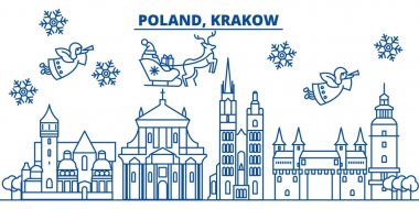 Polonya, Krakow kış şehir manzarası. Mutlu Noeller, mutlu yeni yıl afiş Santa Claus.Winter tebrik satırı kartı ile dekore edilmiştir. Düz, anahat vektör. Doğrusal Noel kar illüstrasyon