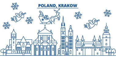Poland, Krakow winter city skyline. Merry Christmas, Happy New Year decorated banner with Santa Claus.Winter greeting line card.Flat, outline vector.Linear christmas snow illustration clipart
