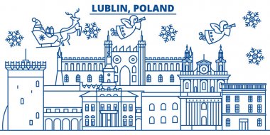 Polonya, Lublin kış şehir manzarası. Mutlu Noeller, mutlu yeni yıl afiş Santa Claus.Winter tebrik satırı kartı ile dekore edilmiştir. Düz, anahat vektör. Doğrusal Noel kar illüstrasyon