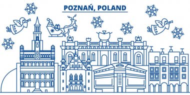 Polonya, Poznan kış şehir manzarası. Mutlu Noeller, mutlu yeni yıl afiş Santa Claus.Winter tebrik satırı kartı ile dekore edilmiştir. Düz, anahat vektör. Doğrusal Noel kar illüstrasyon