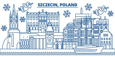 Polonya, Szczecin kış şehir manzarası. Mutlu Noeller, mutlu yeni yıl afiş Santa Claus.Winter tebrik satırı kartı ile dekore edilmiştir. Düz, anahat vektör. Doğrusal Noel kar illüstrasyon