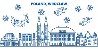 Polonya, Wroclaw kış şehir manzarası. Mutlu Noeller, mutlu yeni yıl afiş Santa Claus.Winter tebrik satırı kartı ile dekore edilmiştir. Düz, anahat vektör. Doğrusal Noel kar illüstrasyon