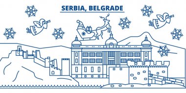 Sırbistan, Belgrad kış şehir manzarası. Mutlu Noeller, mutlu yeni yıl afiş Santa Claus.Winter tebrik satırı kartı ile dekore edilmiştir. Düz, anahat vektör. Doğrusal Noel kar illüstrasyon
