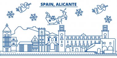 İspanya, Alicante kış şehir manzarası. Mutlu Noeller, mutlu yeni yıl afiş Santa Claus.Winter tebrik satırı kartı ile dekore edilmiştir. Düz, anahat vektör. Doğrusal Noel kar illüstrasyon